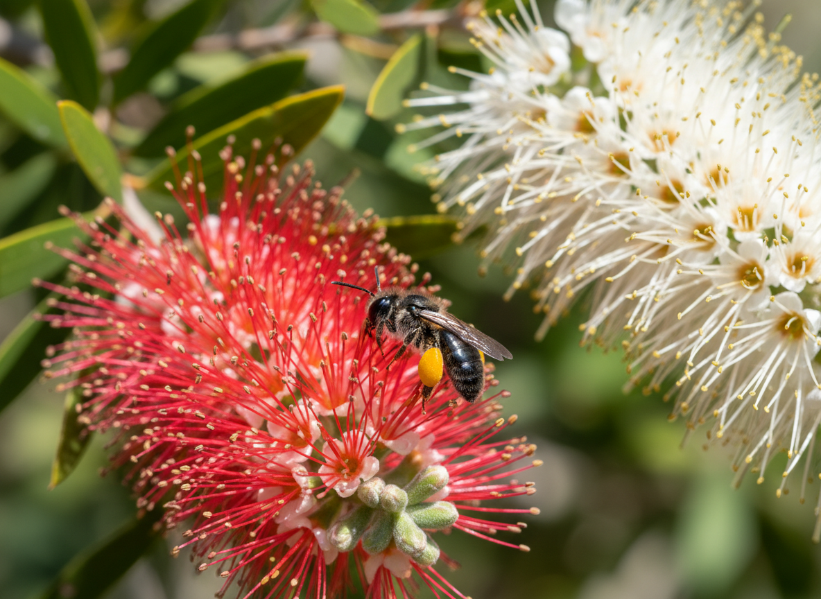 Tiny black stingless sugarbag bees foraging on grevillea and bottlebrush blossom