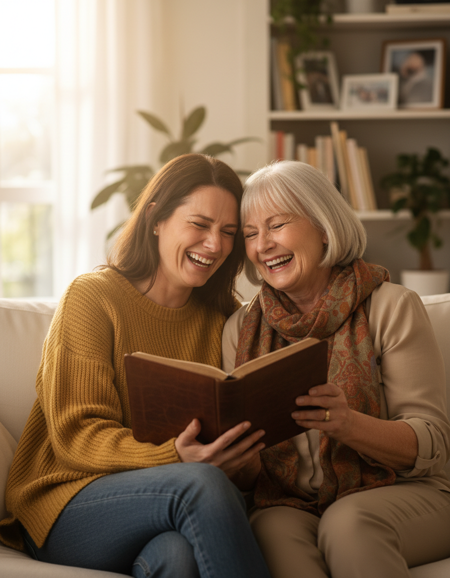 A mother and daughter sharing a tearful laugh over the journal