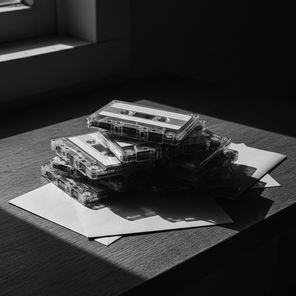 A pile of cassette tapes with blank labels and envelopes on a dark desk