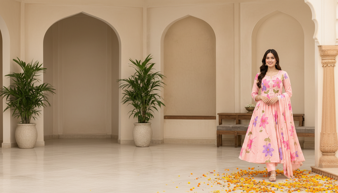 Smiling woman in a pink floral Anarkali kurti with dupatta standing in a cream sandstone palace courtyard with arches and marigold petals