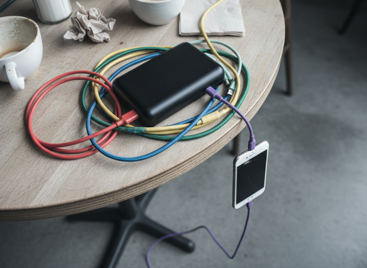 Bulky traditional power bank on a cafe table, buried in a tangle of cables, with a phone dangling off the edge on a cord