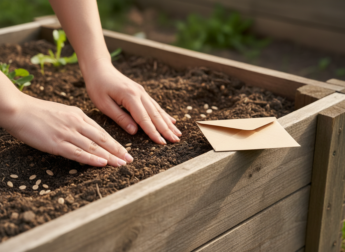 Hands pressing soil over freshly sown seeds in a wooden raised garden bed