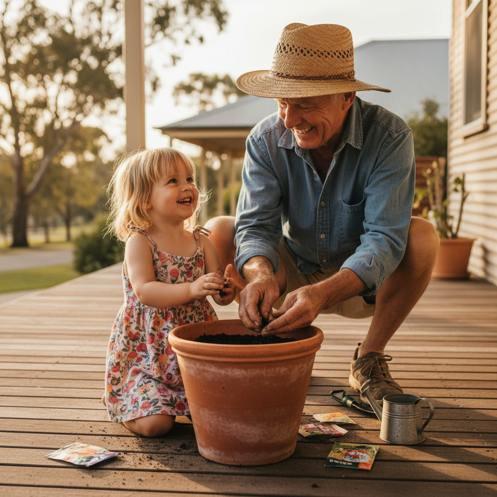 A grandfather and grandchild planting flower seeds in a terracotta pot on a veranda