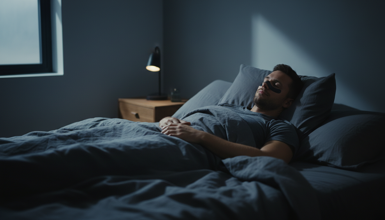 A man sleeping peacefully while wearing a black nasal strip