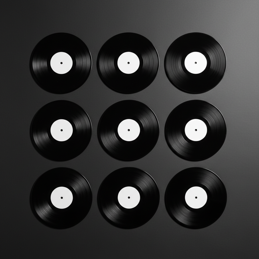Overhead view of ten black vinyl records arranged in a grid on a dark surface
