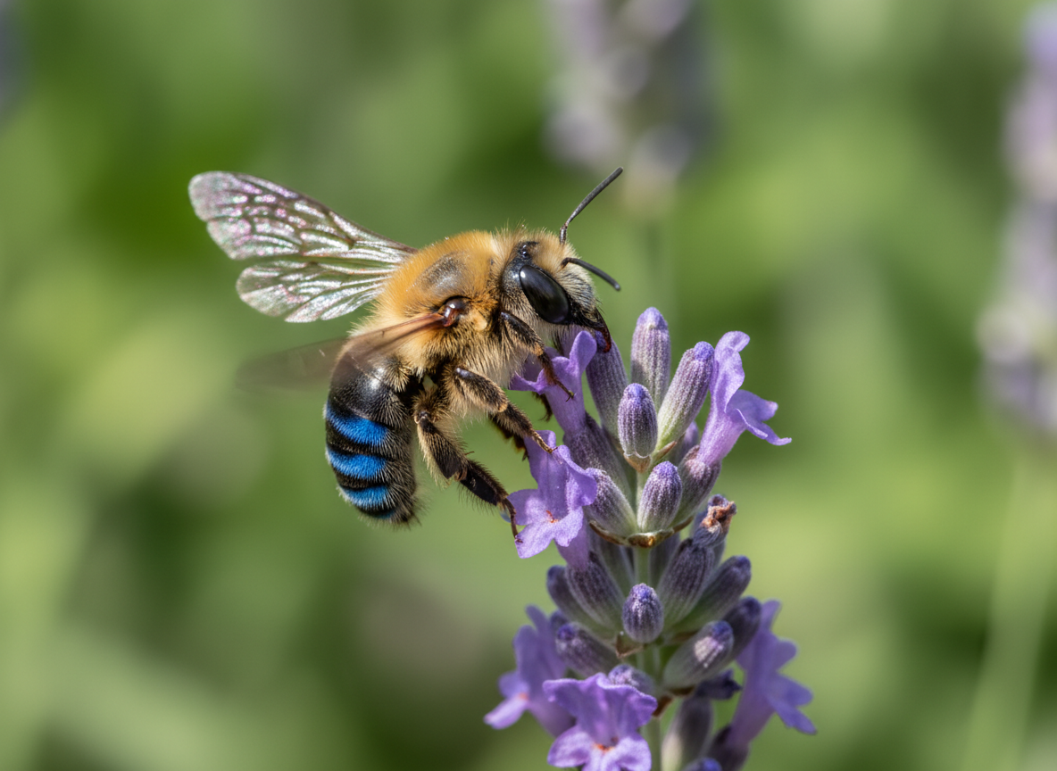 A blue-banded bee with iridescent blue stripes beside a lavender flower