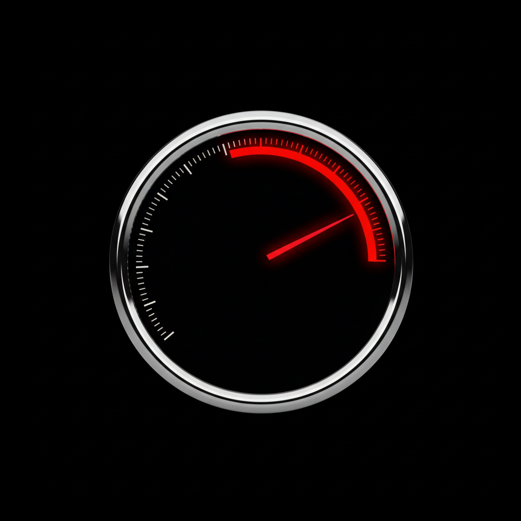 Tachometer dial with a glowing red needle and redline