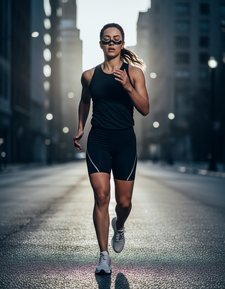 A runner at dawn wearing a black nasal strip