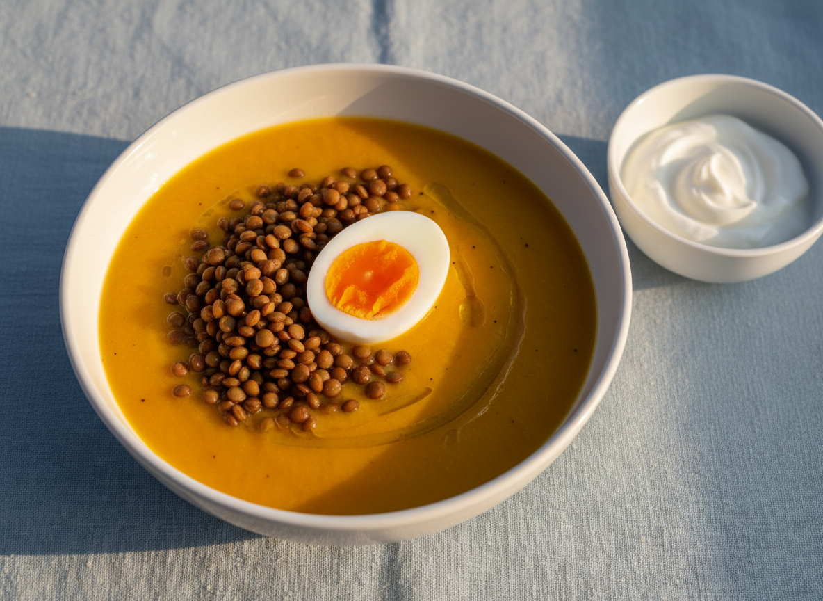 Crema de calabaza, puerro y zanahoria con lentejas y medio huevo, junto a un cuenco de yogur