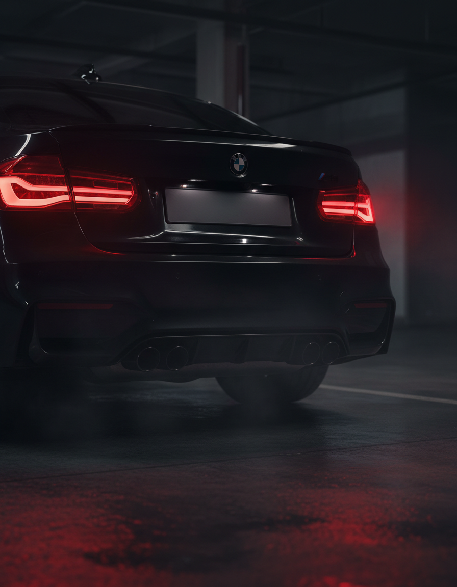 Rear of a black BMW M3 lit by its tail lights in a dark parking structure