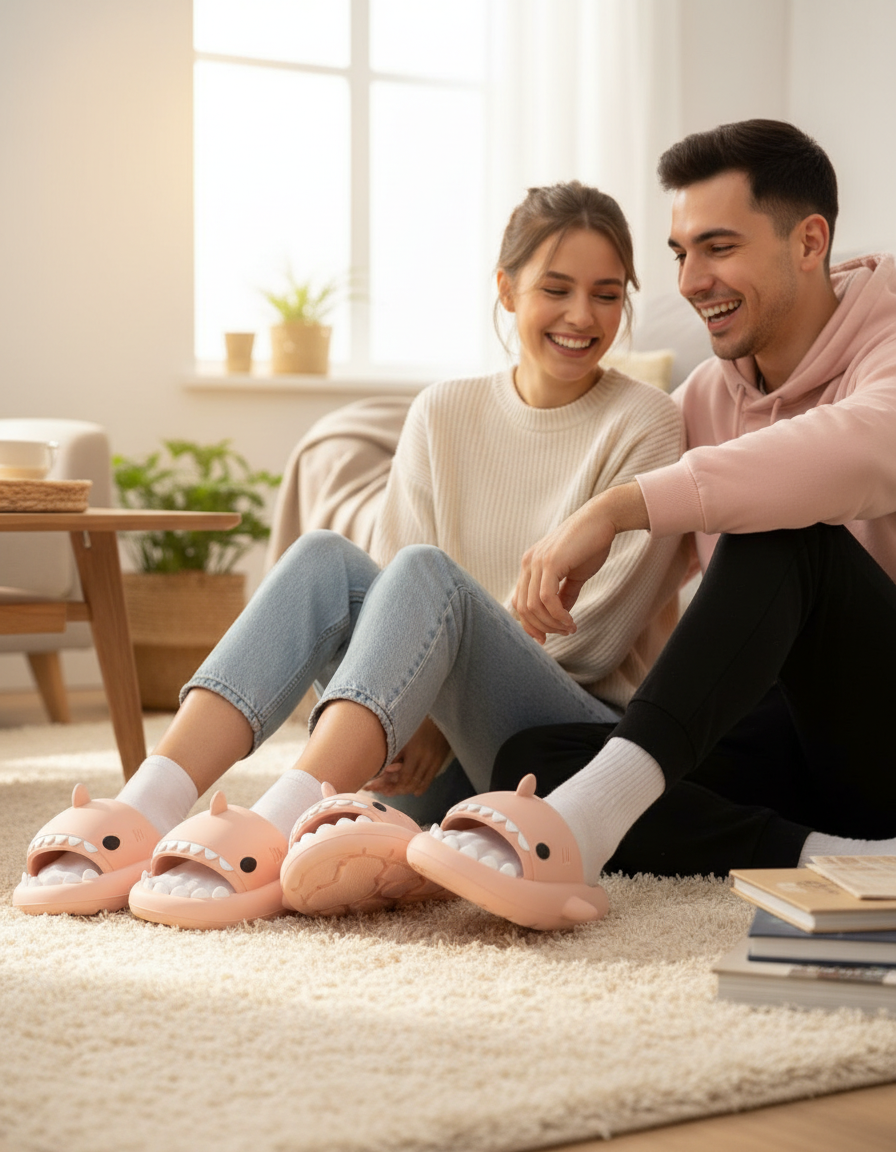 Couple sitting together wearing matching pink shark slides