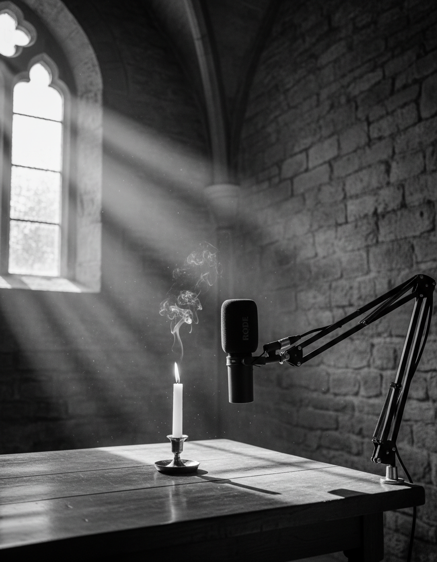 A podcast microphone beside a lit candle in a quiet stone chapel