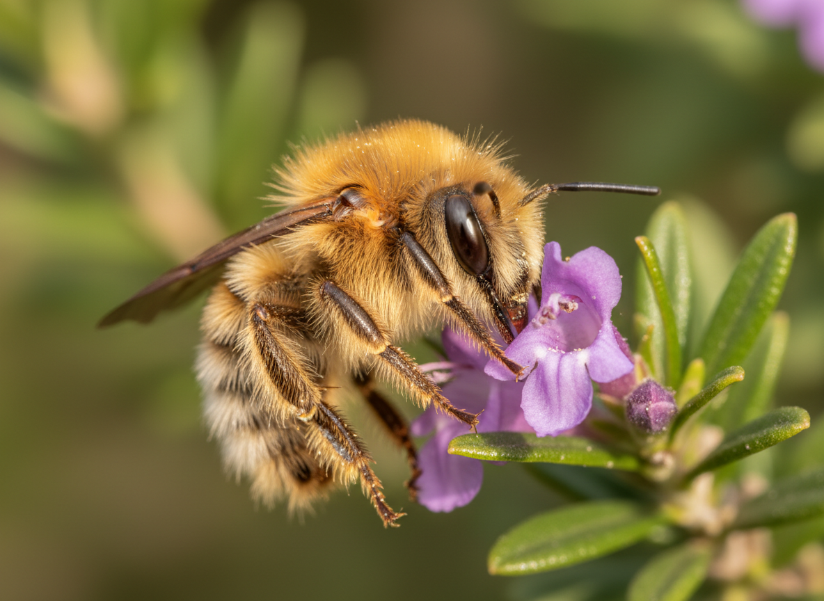 A fluffy golden teddy bear bee feeding on a mauve westringia flower