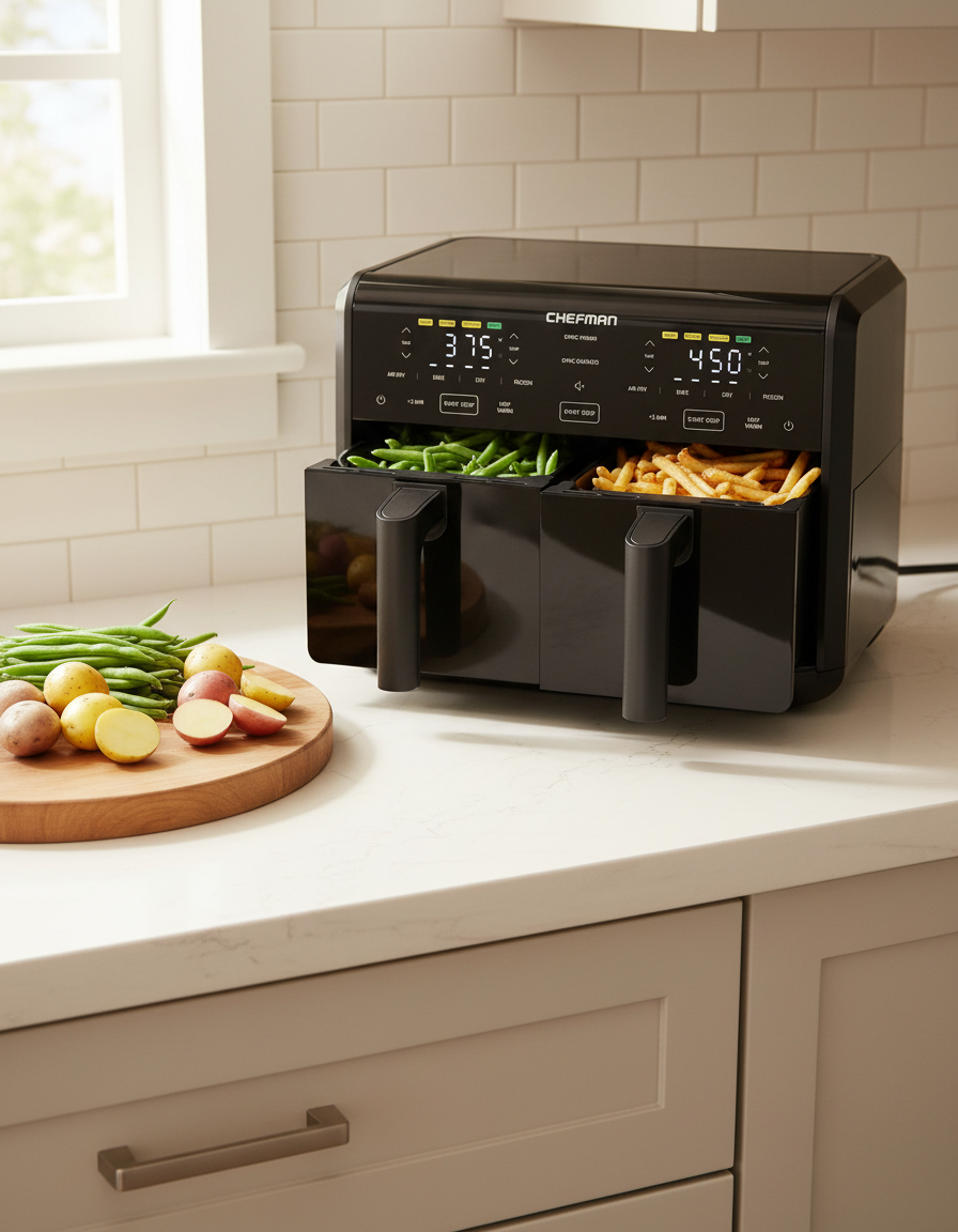 Dual basket air fryer on a warm white kitchen counter beside fresh vegetables