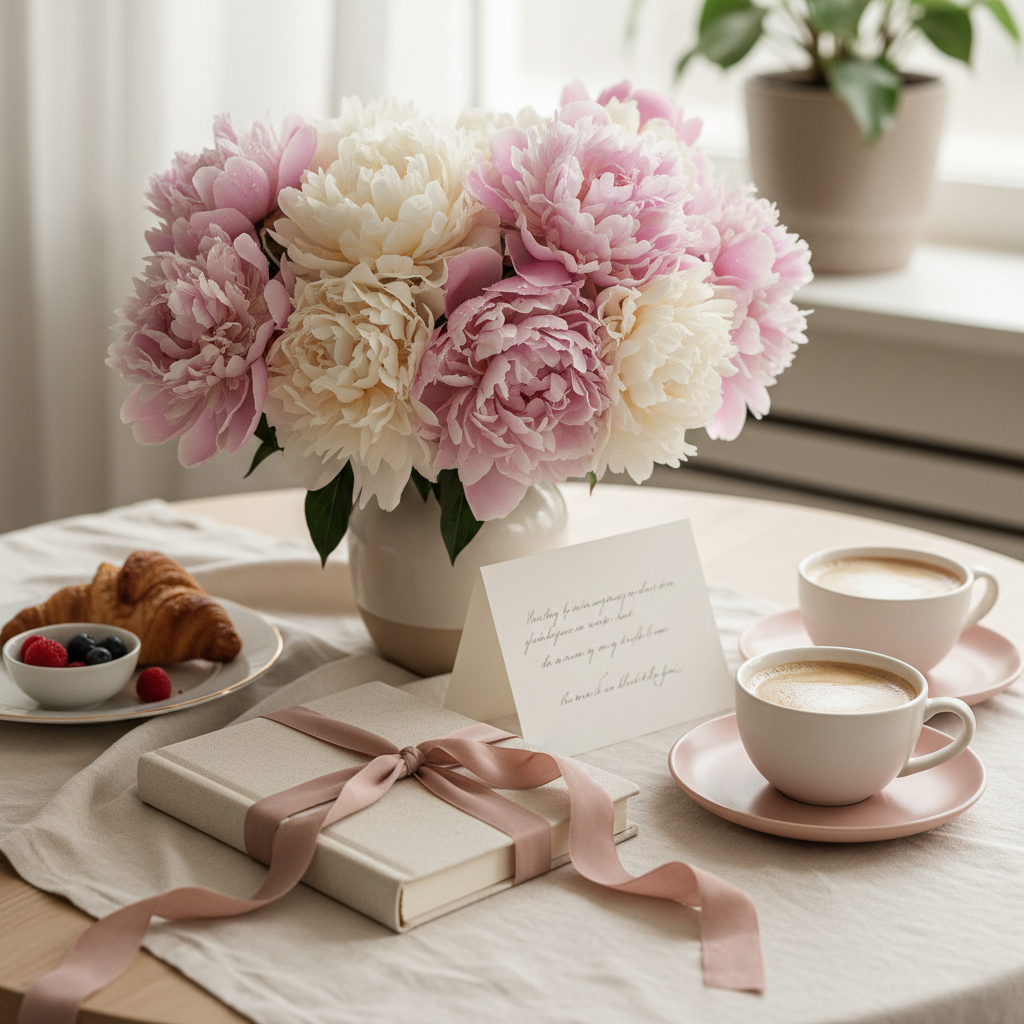 A Mother's Day breakfast table with peonies and the journal tied with ribbon