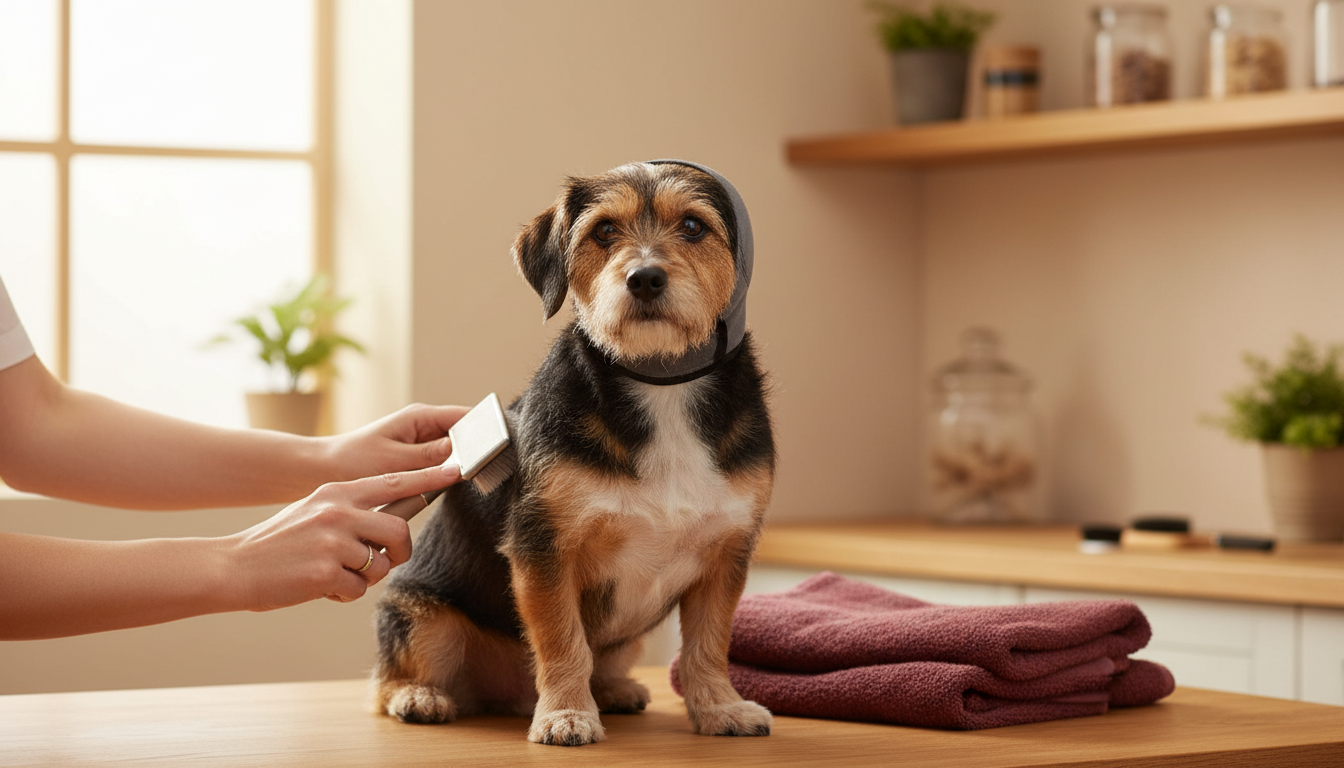 Small dog sitting calmly in calming ear muffs while being brushed at home