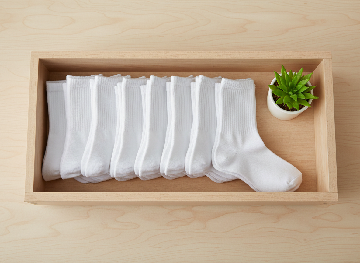 Neatly folded stack of white crew socks in a wooden drawer