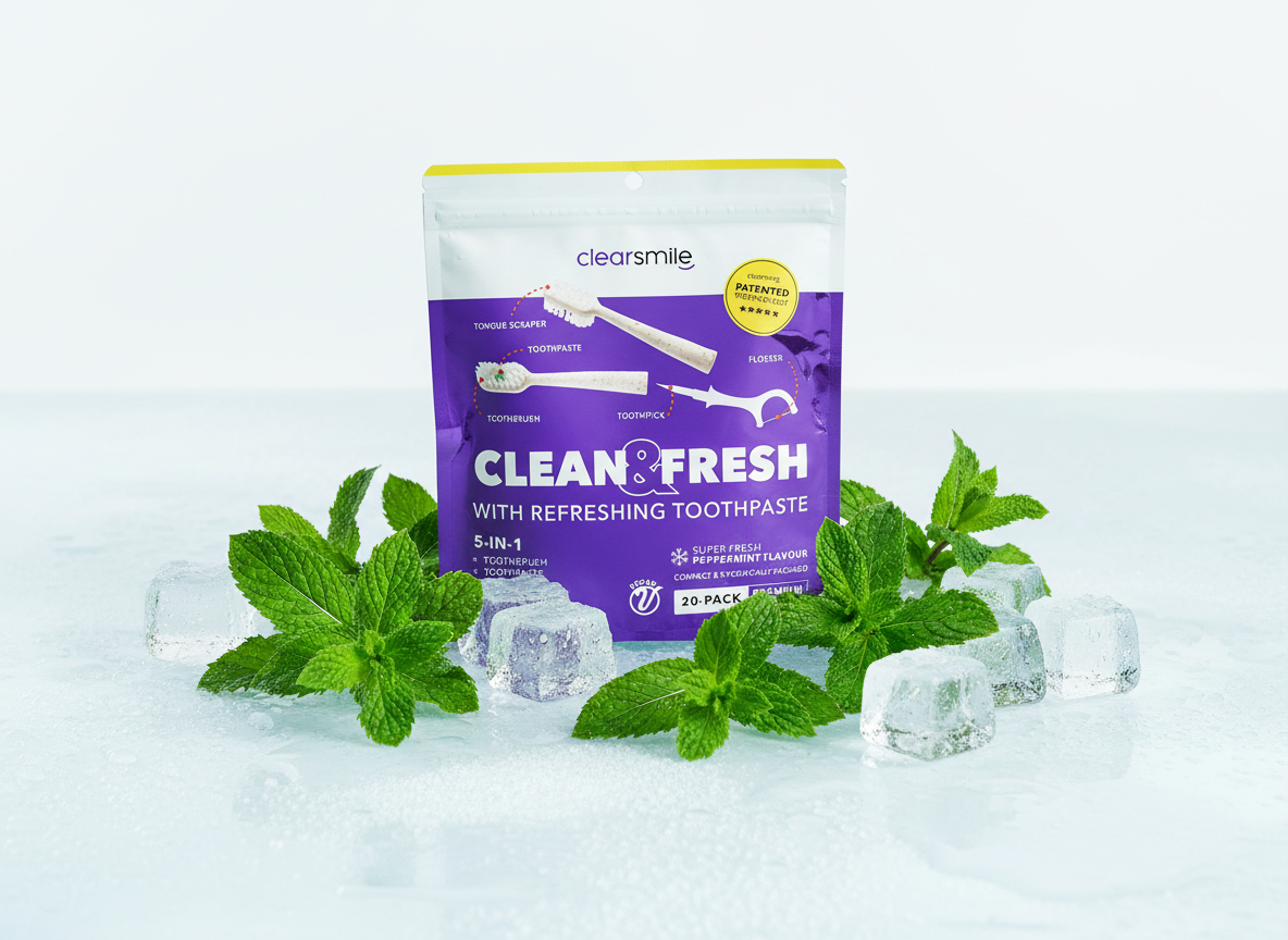 Clearsmile Clean & Fresh zak met verse pepermuntblaadjes en ijsblokjes