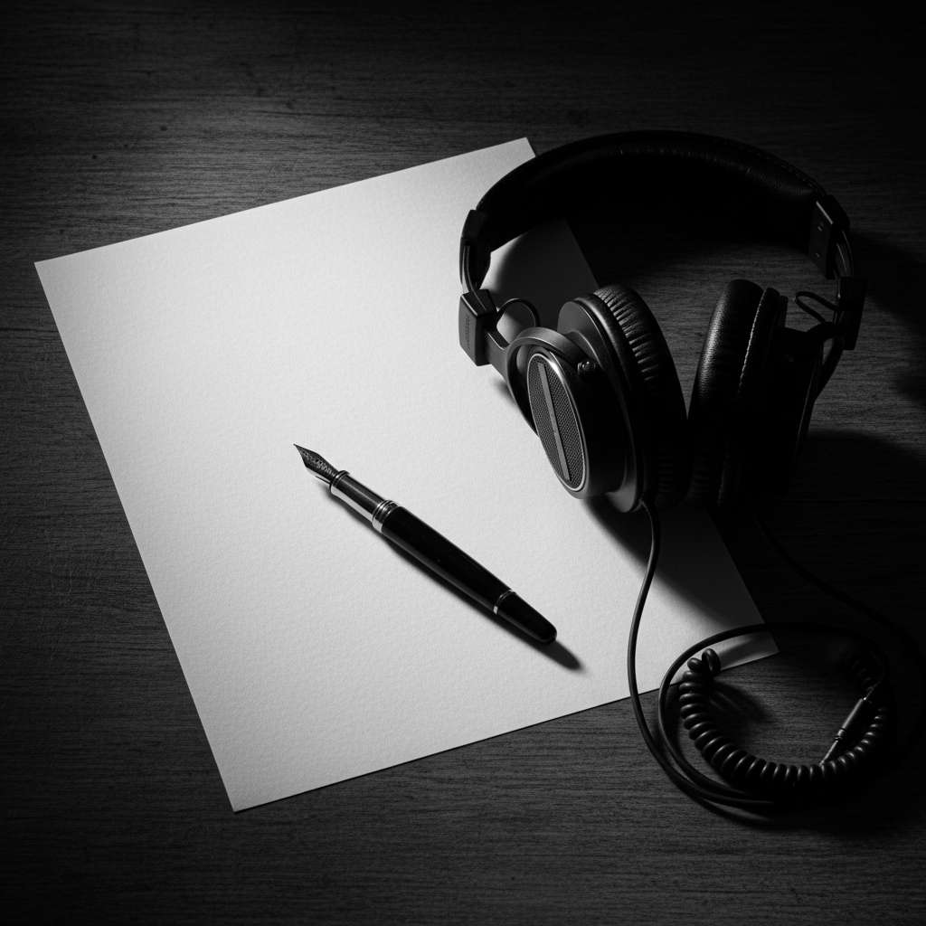 A fountain pen on a blank sheet of paper beside studio headphones on a dark desk