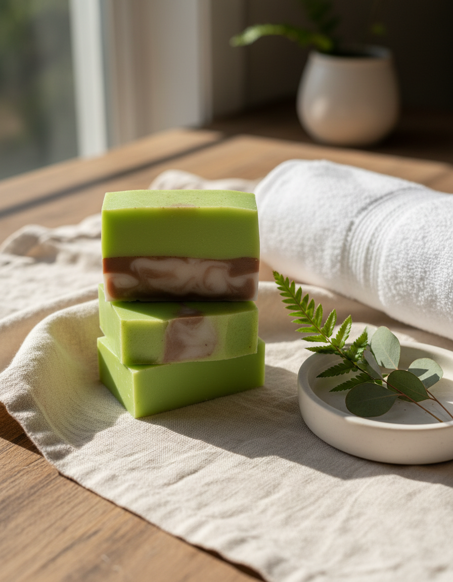 Savons artisanaux superposés sur un lin crème avec fougère et eucalyptus frais