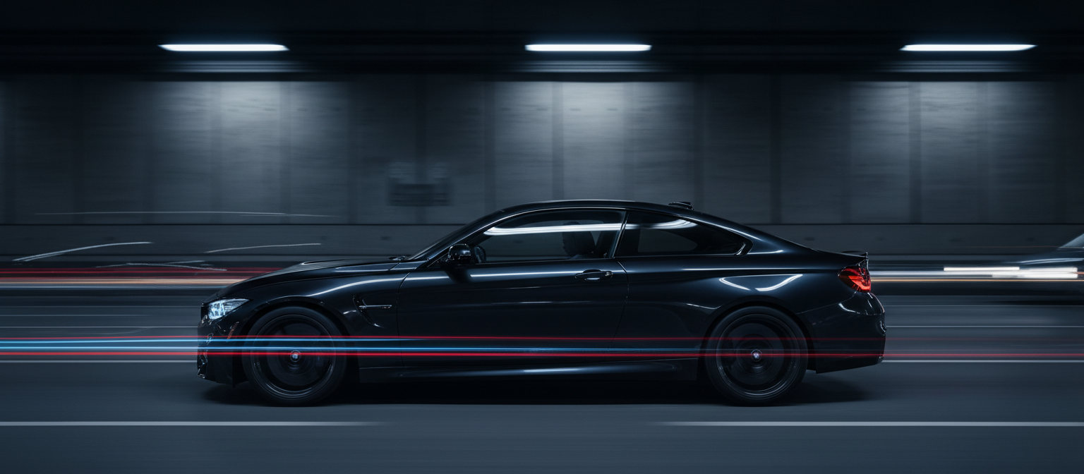 Black BMW coupe moving through a dark tunnel with red and blue light streaks