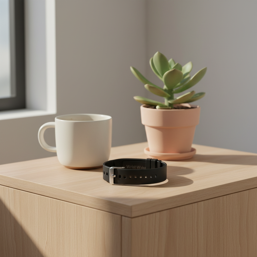 A Wrist Wake band on a wooden nightstand in morning light, with no phone in sight