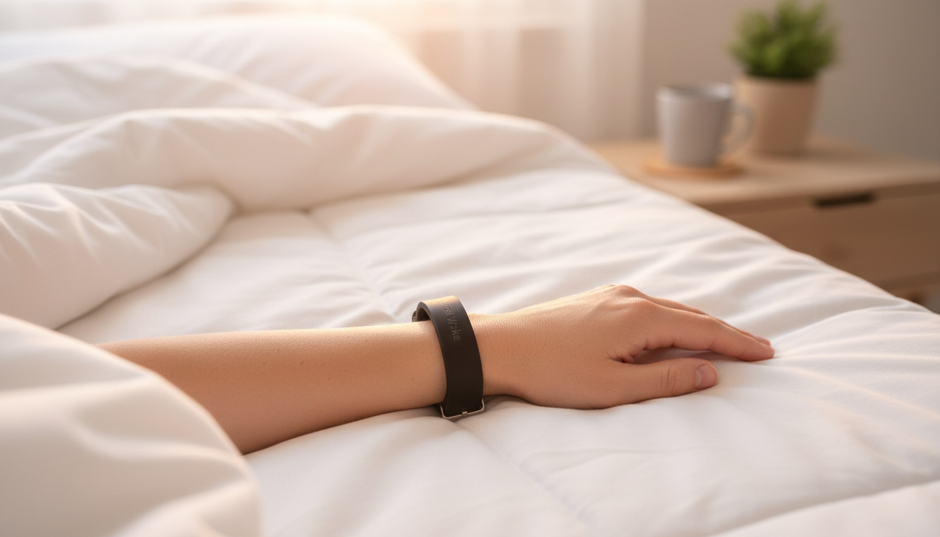 A wrist wearing a Wrist Wake band resting on a white duvet in soft sunrise light