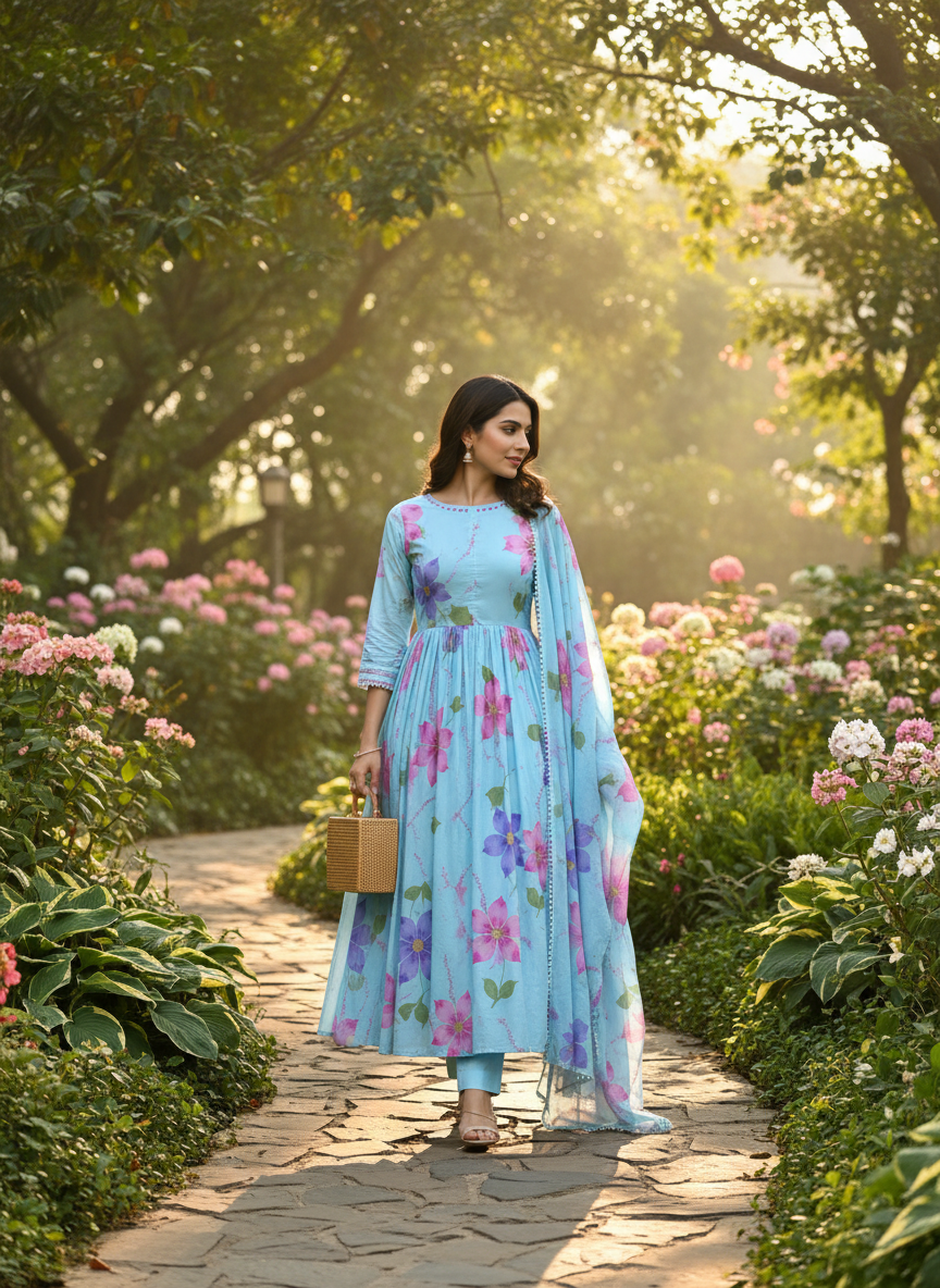 Woman in a pastel blue floral Anarkali walking along a leafy garden path