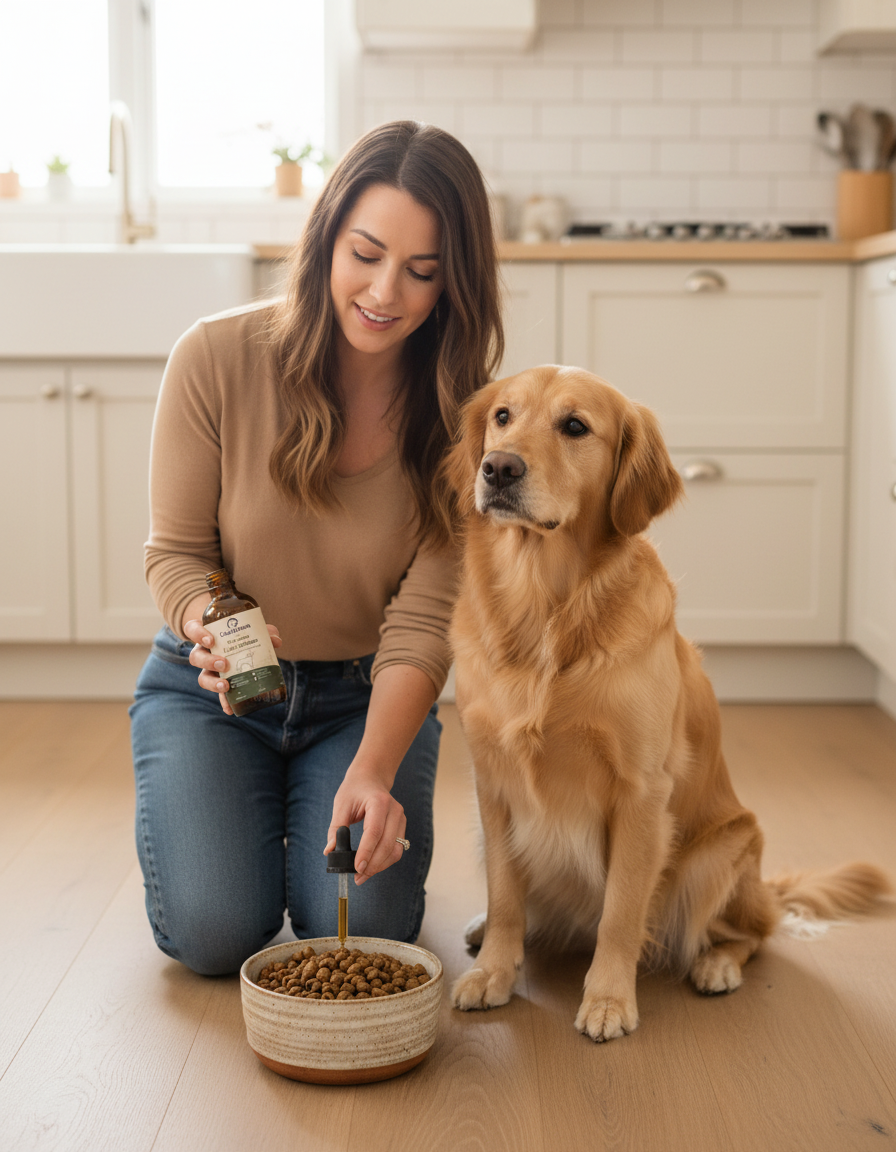 Woman kneeling in a bright kitchen holding a Canbloom bottle and adding drops to a bowl of kibble while her golden retriever watches