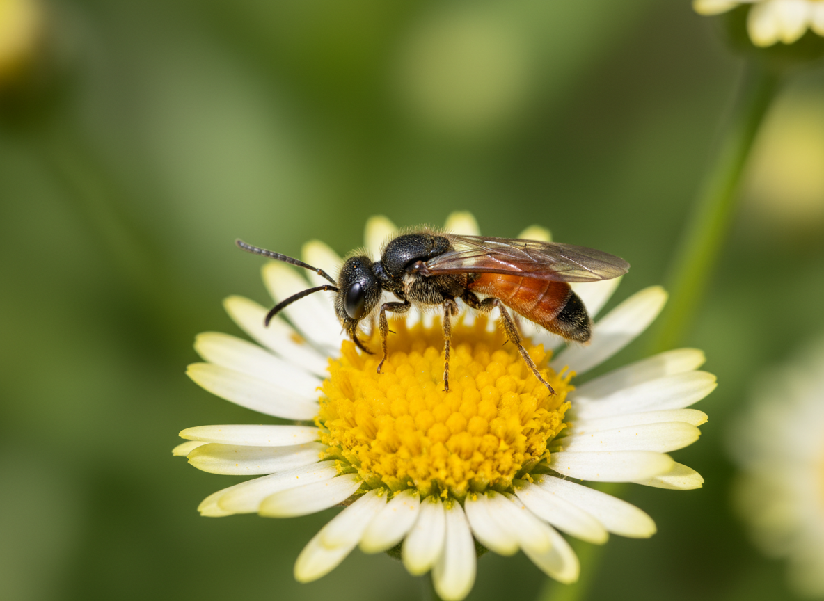 A slender reed bee with a reddish abdomen feeding on a yellow paper daisy