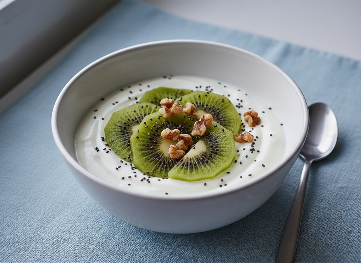 Cuenco de yogur natural con rodajas de kiwi, semillas de chía y nueces troceadas