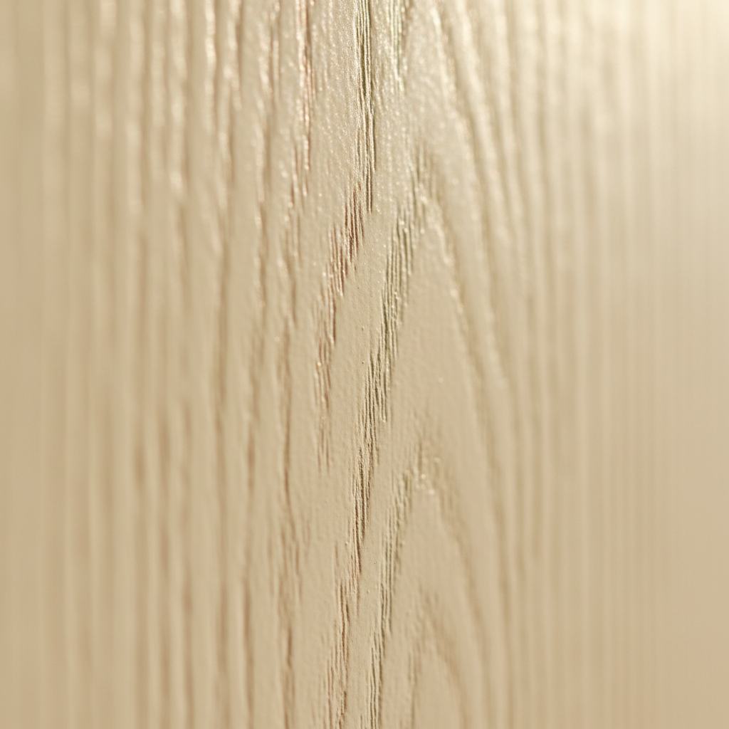Macro close-up of a warm white painted oak surface with the open grain texture clearly visible through the paint