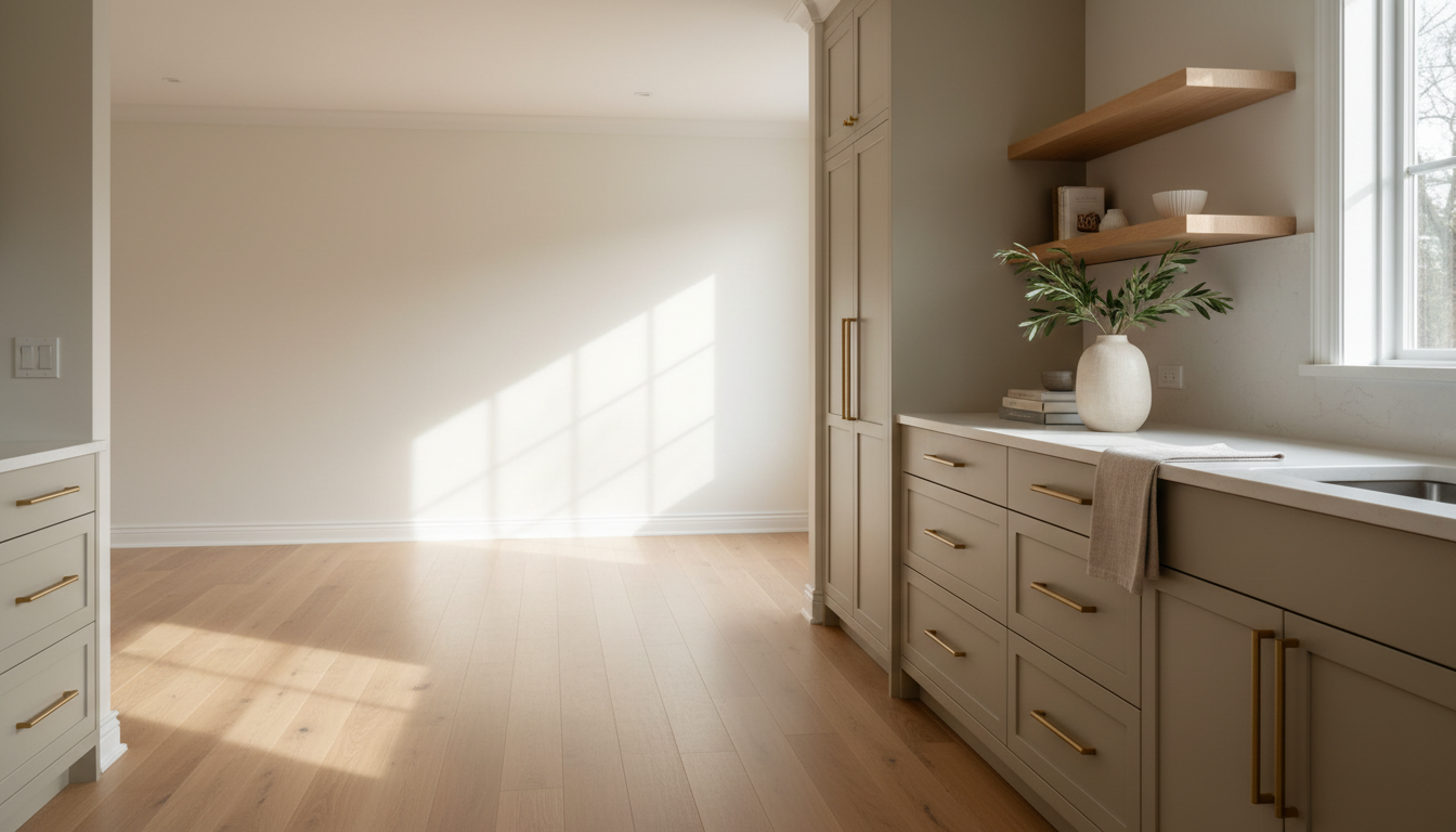 Sunlit kitchen with warm greige shaker cabinet doors, brushed brass pulls and light oak floating shelves