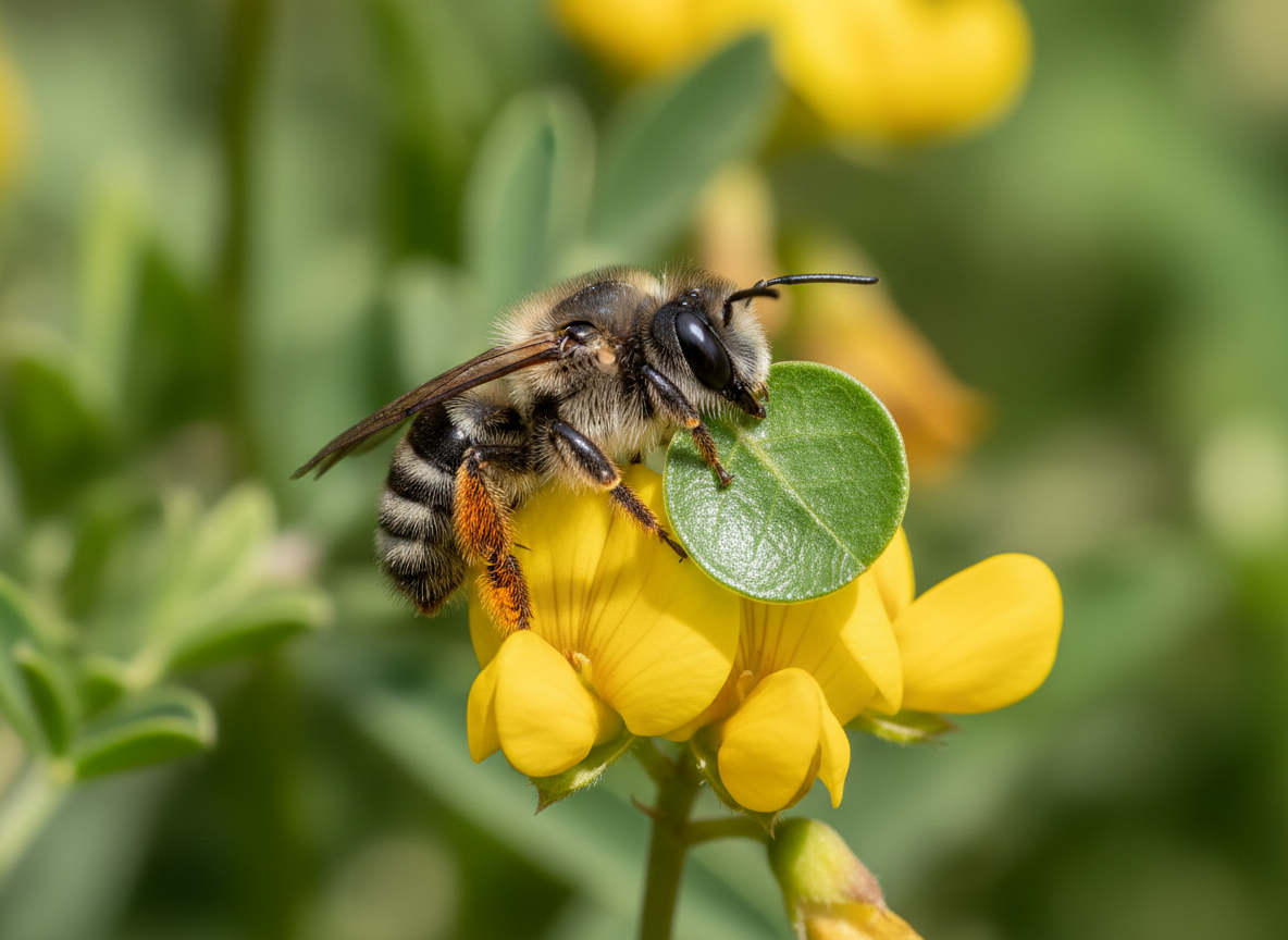 A leafcutter bee carrying a cut circle of leaf on a yellow native pea flower