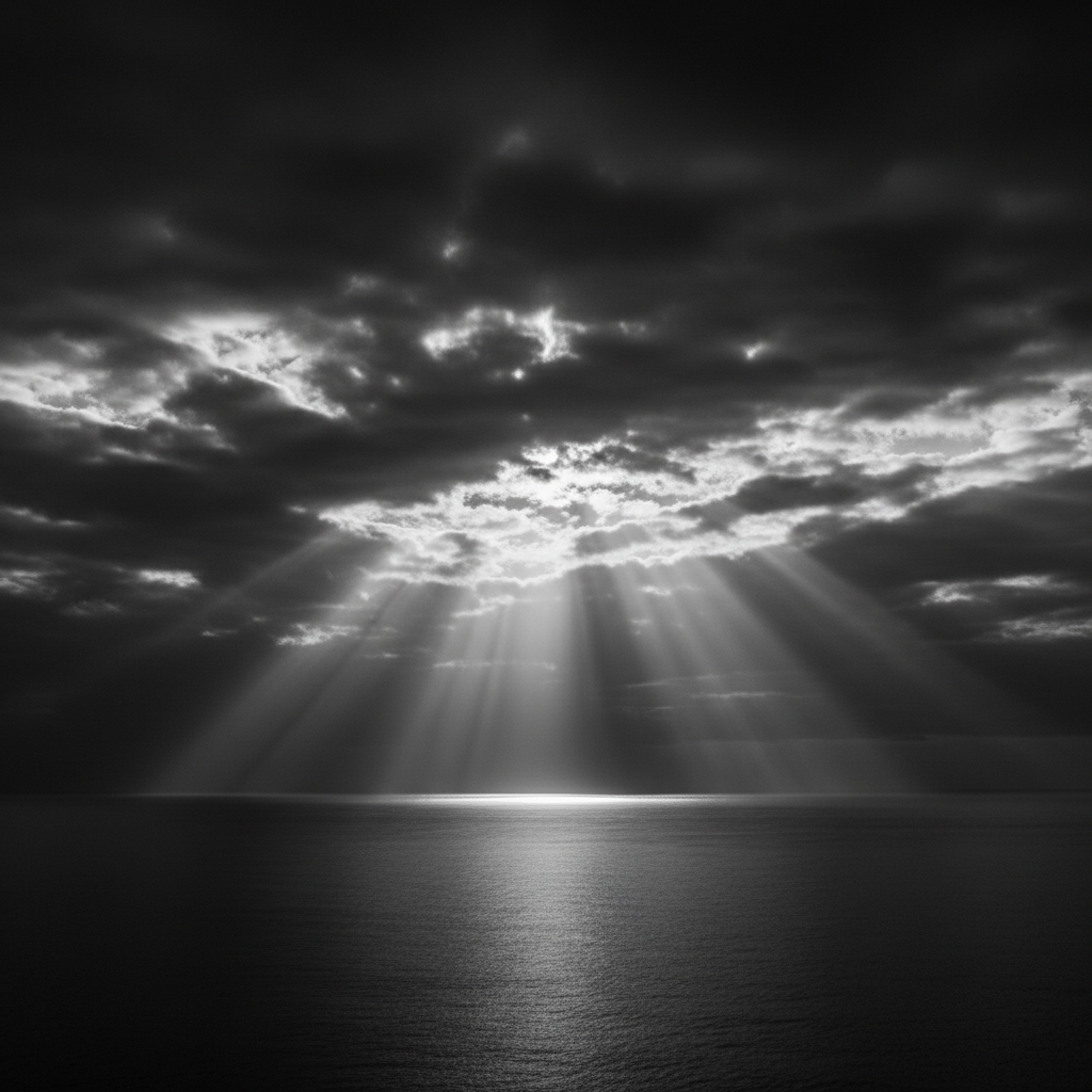Rays of light breaking through storm clouds over a dark, calm sea