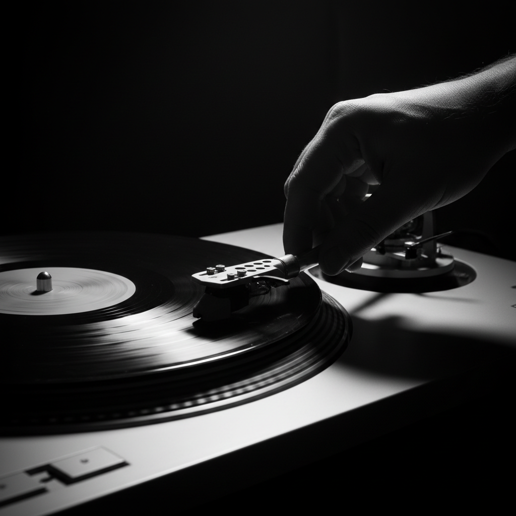 A hand lowering a turntable needle onto a spinning vinyl record