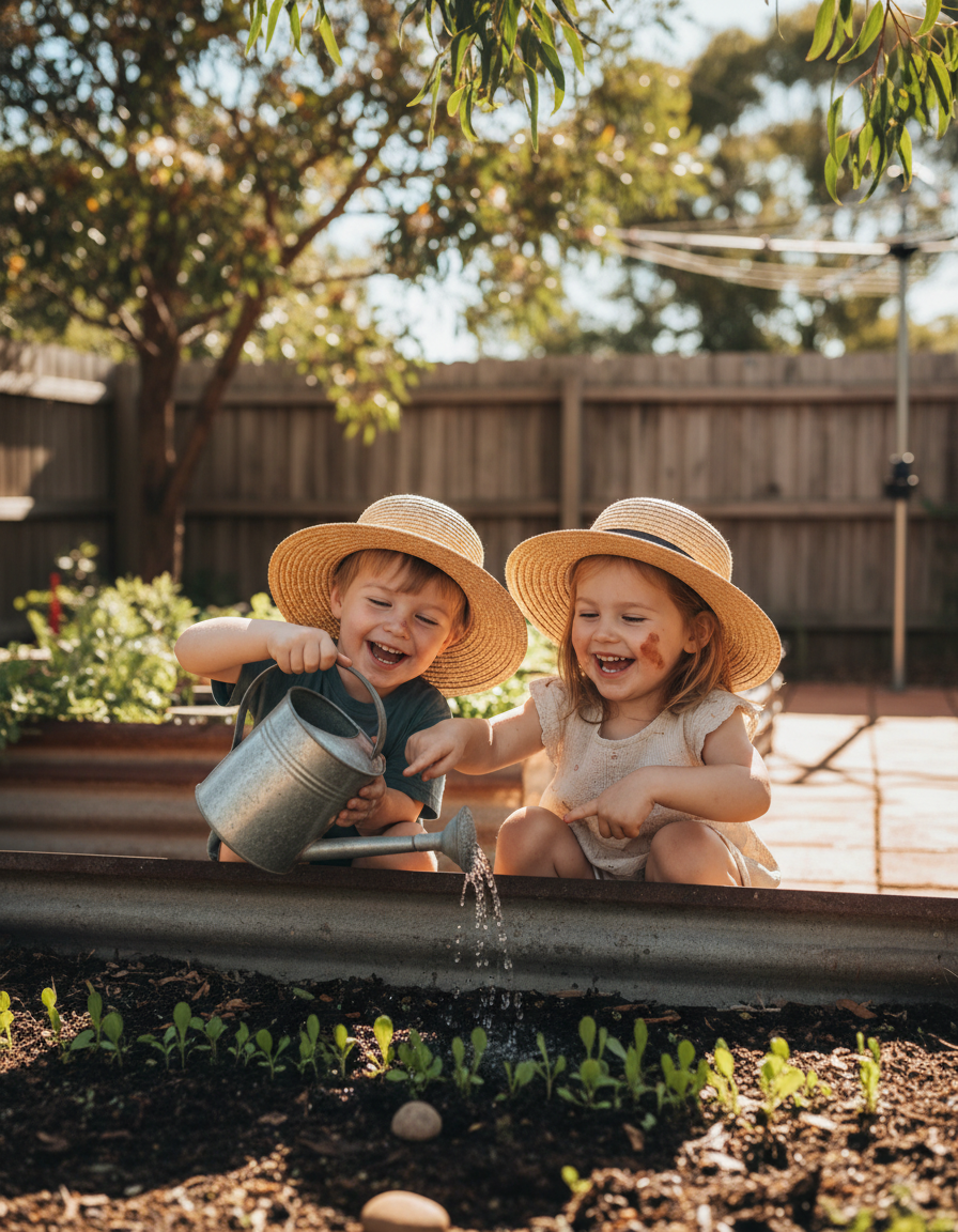 Two children in sun hats watering young seedlings with a small watering can