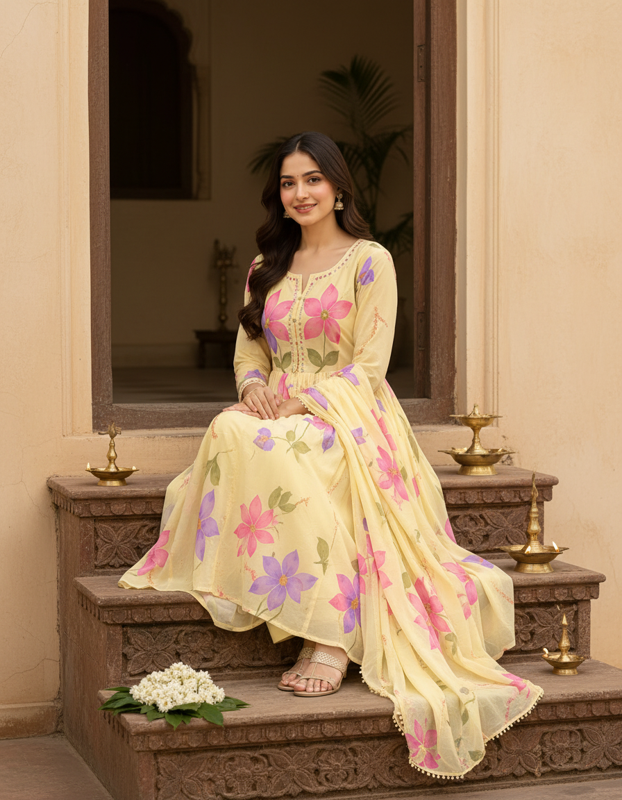 Woman in a yellow floral Anarkali kurti seated on carved wooden steps beside brass diyas and jasmine