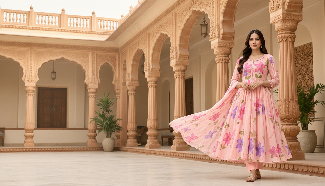 Woman in a pink floral Anarkali with flowing dupatta in a sandstone haveli courtyard