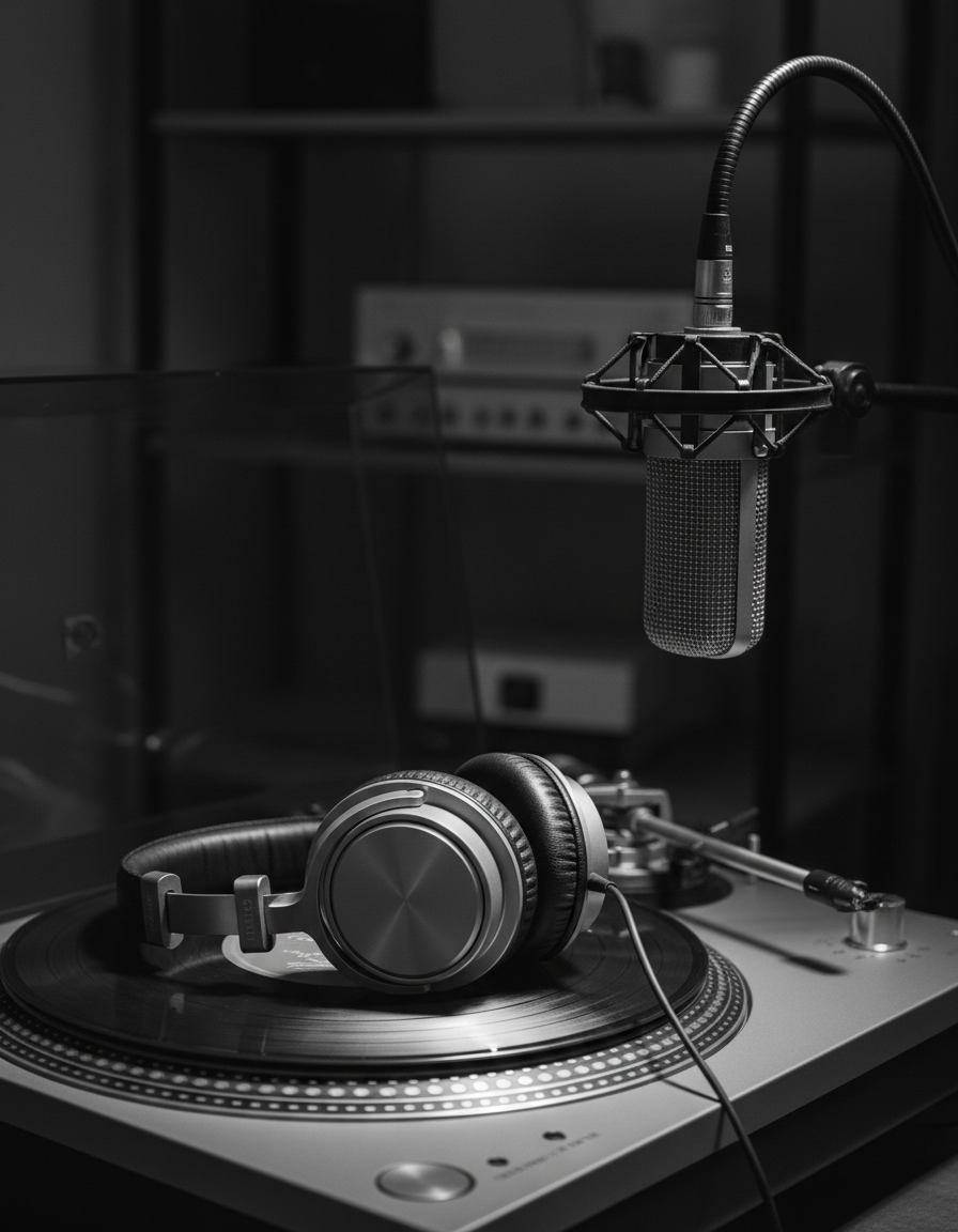 Studio headphones resting on a vinyl turntable beside a podcast microphone