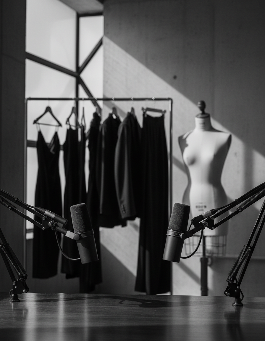 Two podcast microphones on a table in a fashion atelier with a rack of black garments behind
