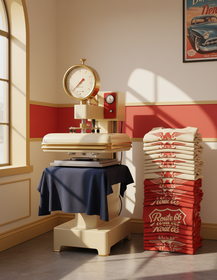 Heat press closing on a navy t-shirt in a sunny retro print shop