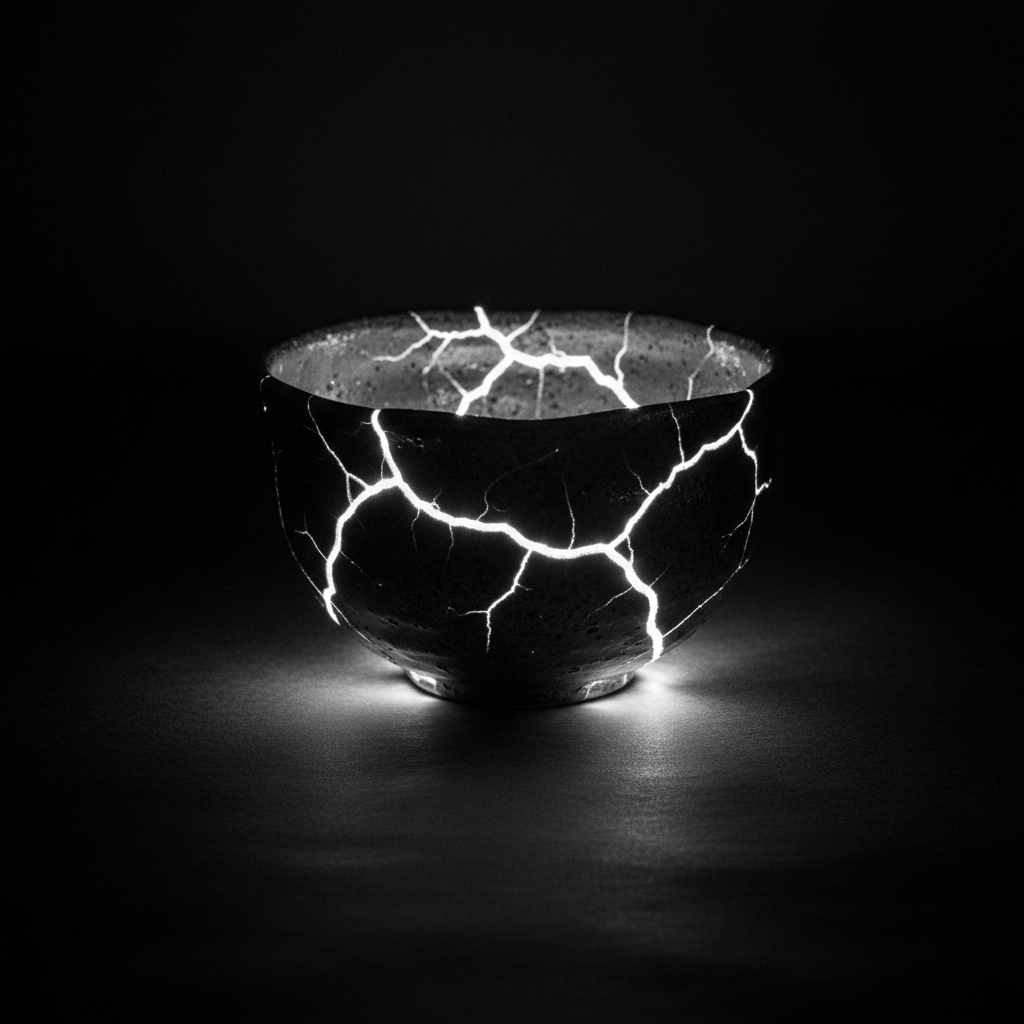 A ceramic bowl repaired with kintsugi, its mended cracks glowing with light
