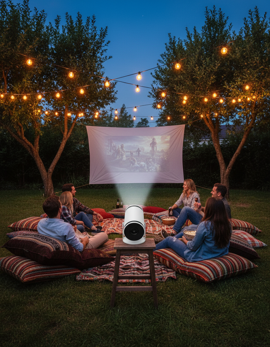 Friends enjoying an outdoor backyard movie night with the projector at dusk