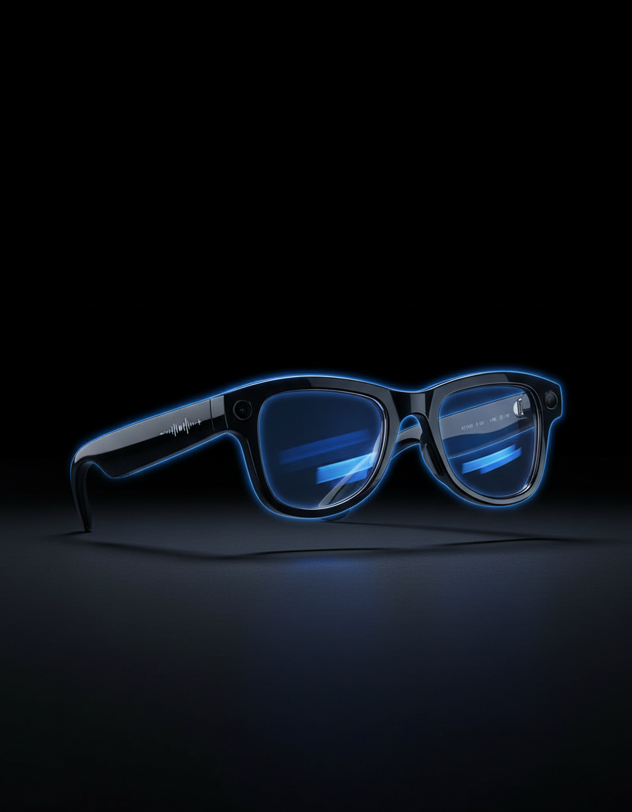 PeTech AI Smart Glasses on a dark surface lit with a blue rim light
