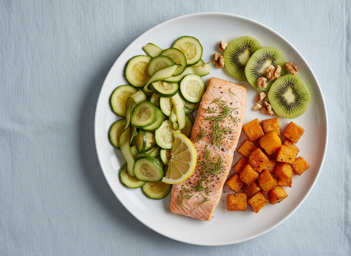 Plato de salmón al horno con calabacín y boniato, con kiwi en rodajas y nueces al lado