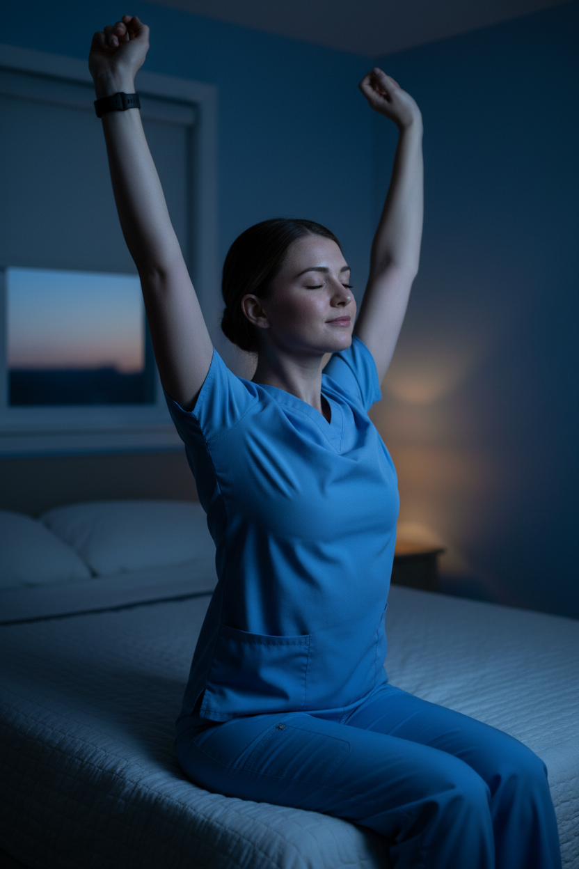A nurse getting up before sunrise wearing a Wrist Wake band