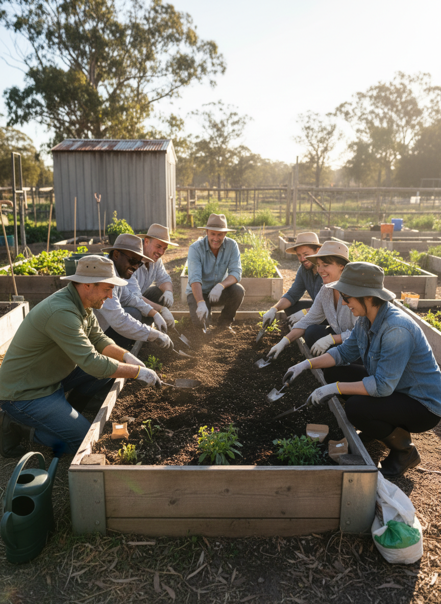 Neighbours kneeling around a community garden bed, planting wildflower seeds together