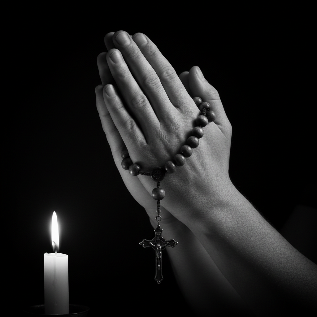 Hands clasped in prayer around a rosary, lit by a single candle