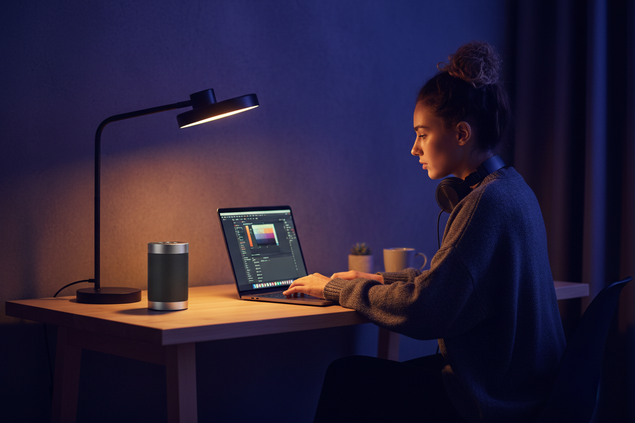 Persona trabajando de noche en un escritorio minimalista con audífonos y laptop